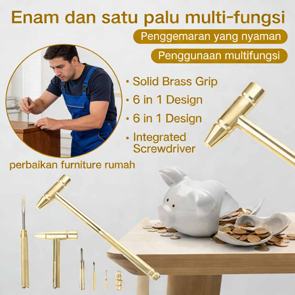 Palu rumah tangga mini multifungsi dengan pegangan tembaga solid Palu tembaga berlapis enam-in-satu 