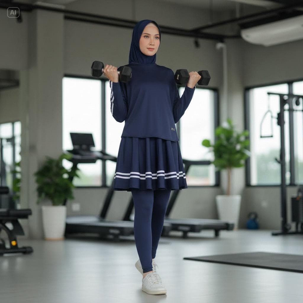 Setelan Baju Olahraga Sport Renang Wanita Rok Senam Celana Badminton Set Hijab Jersey Muslimah