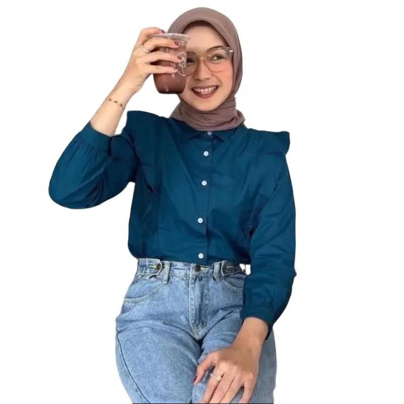 ZIA BLOUSE - KEMEJA  LINEN WANITA REMPEL DEPAN BELAKANG LENGAN PANJANG