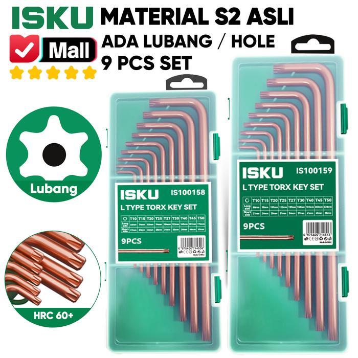 ISKU Kunci L Bintang Set 9 Pcs S2 Steel Torx Ada Lubang Tengah Security Key Extra Panjang Anti Slek 