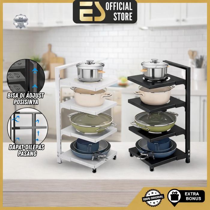 [COD] ES Rak Panci Bawah Wastafel Susun Stainless Tahan Karat Adjustable Putih & Hitam - PUTIH, 3 TI