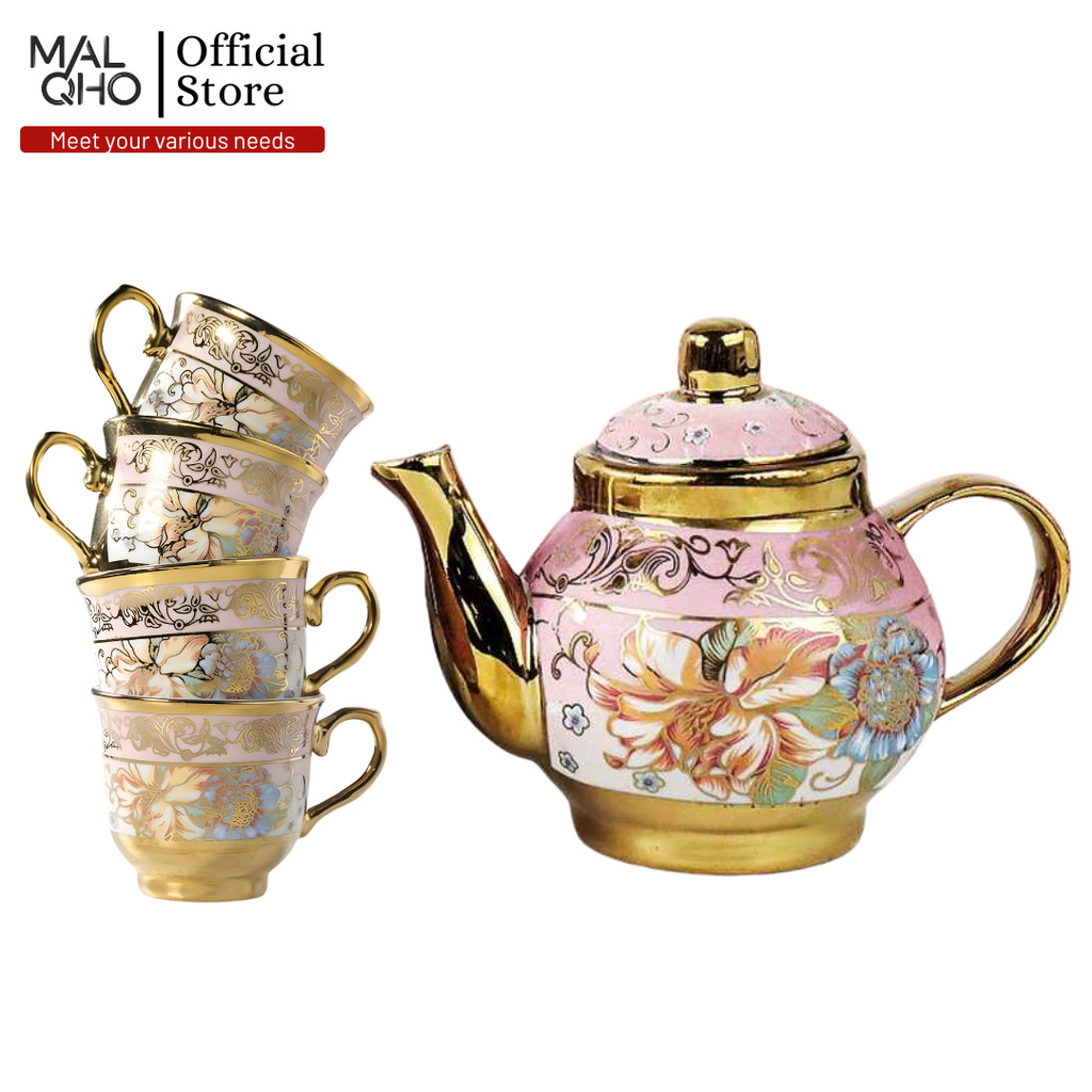 MALQHO Set Teko & Cangkir Keramik Eropa 1 Teapot  4 Cup Tea Set Coffee Set Elegant European Style