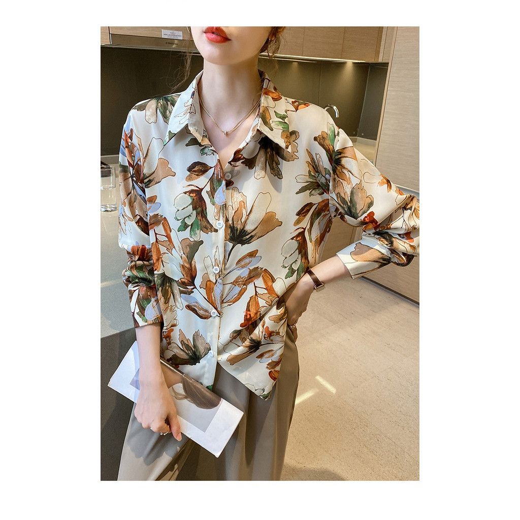 Versi Korea Fashion Wanita Kemeja Sifon Kasual Bunga Lengan Panjang OL