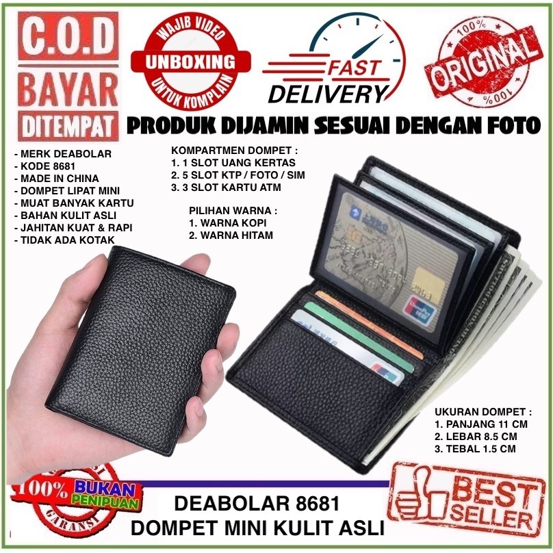 Deabolar Card Holder 8681 Dompet Uang Lipat Mini Kulit Asli Kilat Lilin Muat Banyak Kartu Tahan Lama