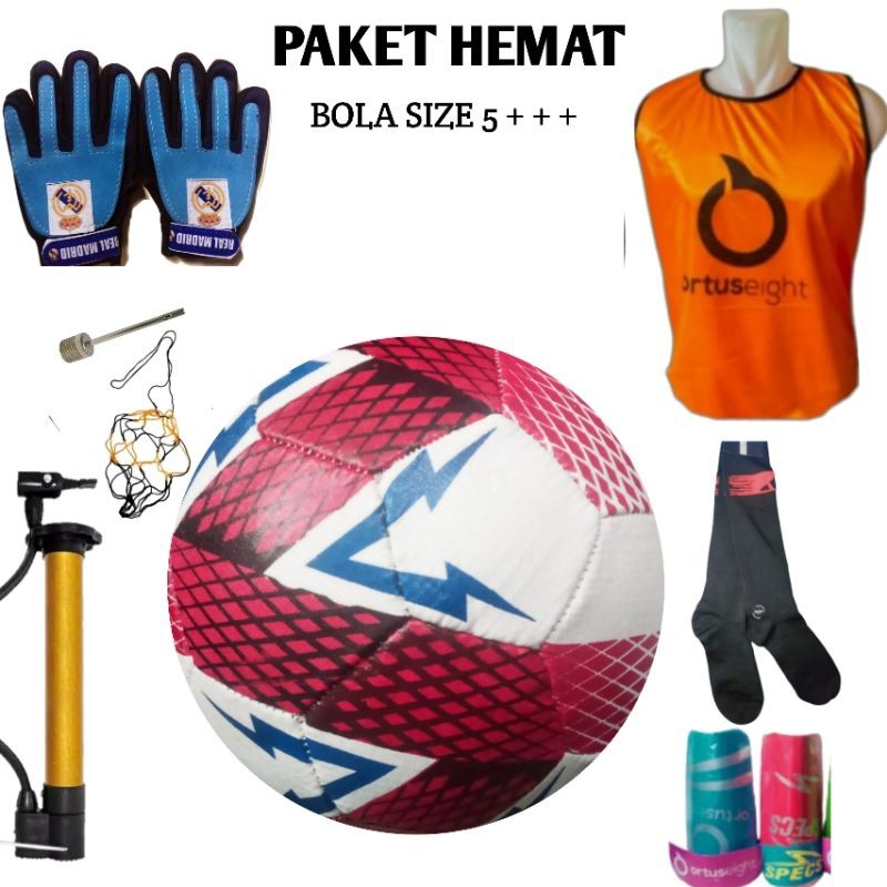 Bola Sepak Size 5 Murah Paket Komplit Bonus Pompa Sarung Tangan Kiper Anak Rompi Kaos Kaki Deker