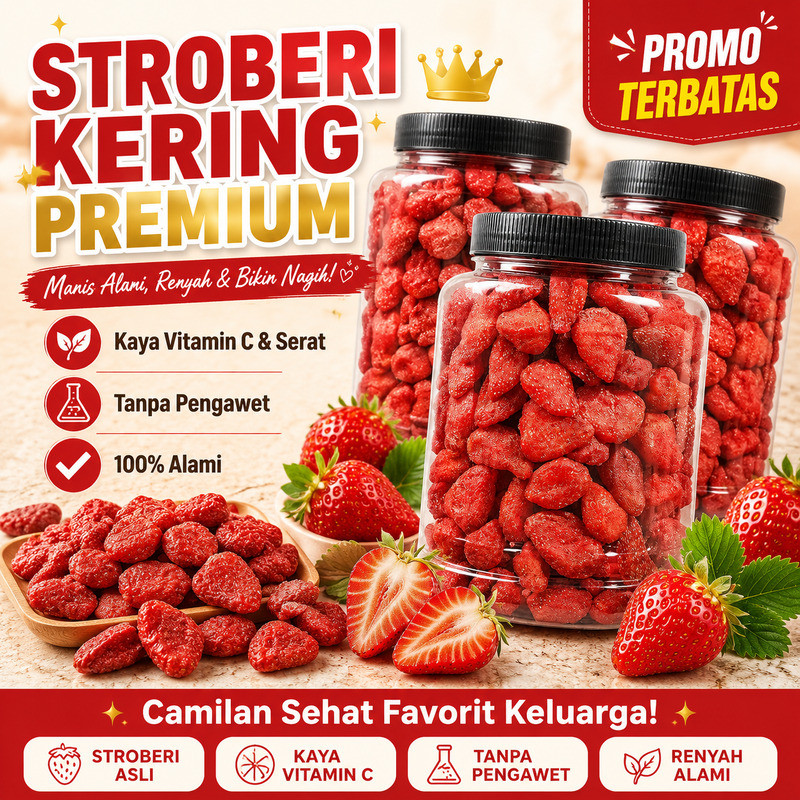 [Sumber Vitamin C Alami, 0 Gula] 250g Stroberi Kering | Manisan Buah Irisan | Manisan Stroberi Kerin