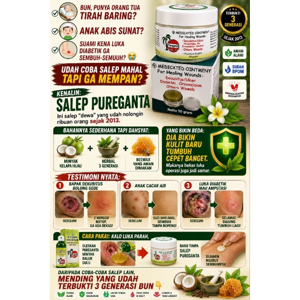 Sehati.|| Pureganta Minyak Oles Luka Baring/Penyembuh  luka Dekubitus/Luka baring/Miyak Hijau/Obat L