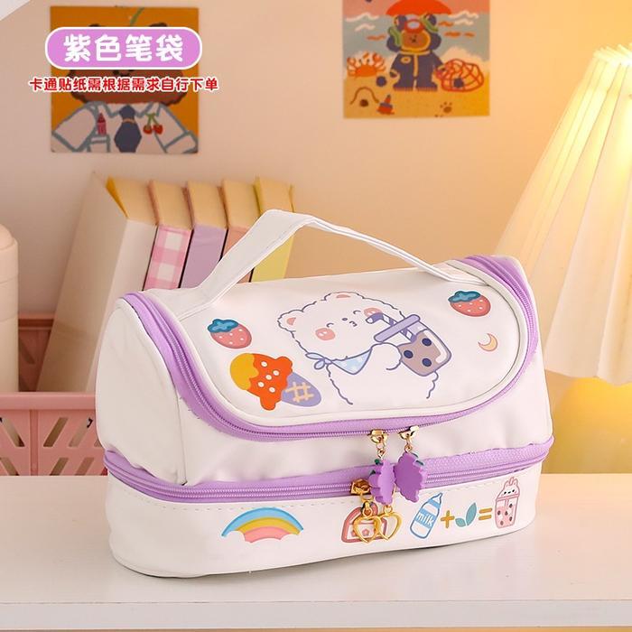 kotak pensil anak / tempat pensil anak 2 tingkat motif lucu - UNGU BESAR