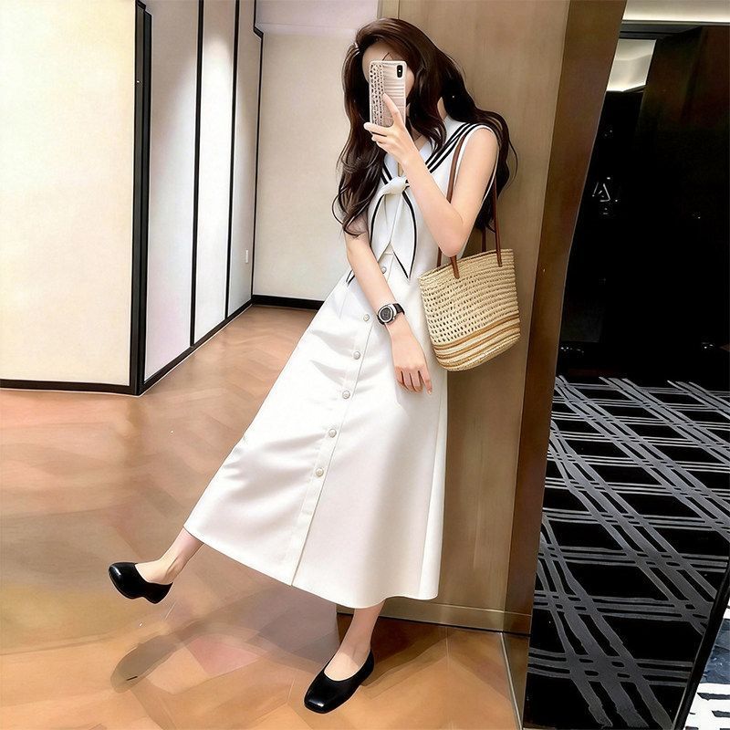 [COD] Gaun rompi putih gaya Prancis gaun panjang tanpa lengan unik terbaru untuk wanita