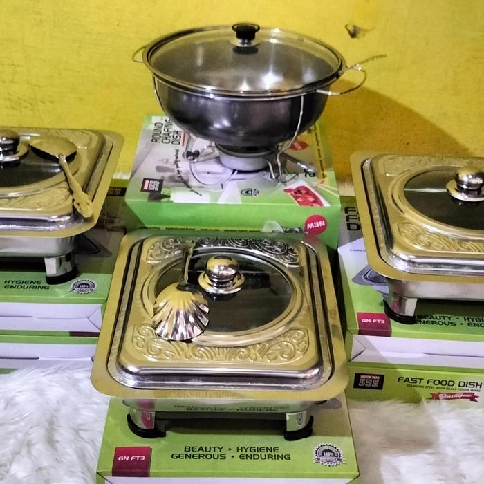 PROMO Tempat Makan Prasmanan set tutup batik / semi kaca bahan stainless isi 5 kotak + 1 bulat merk 