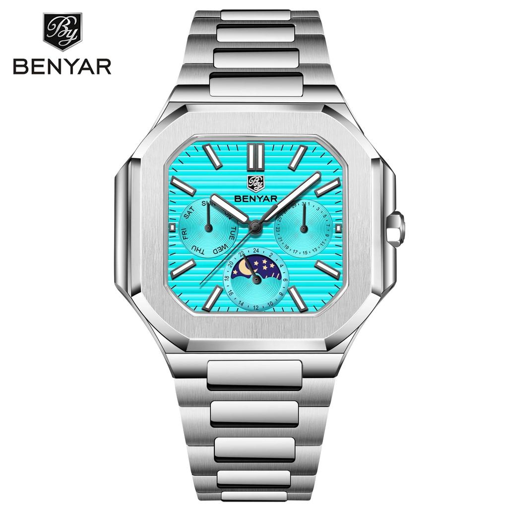 Jam Tangan BENYAR 2025 New Men's Quartz Watch PE806 Square Stainless Steel Weekly Display Business M