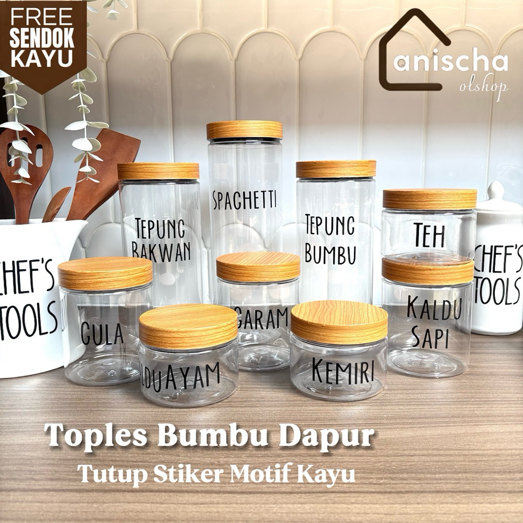 Free Sendok- Toples Bumbu Dapur Tutup Lapis Stiker Motif Kayu Free Custom Stiker Cutting