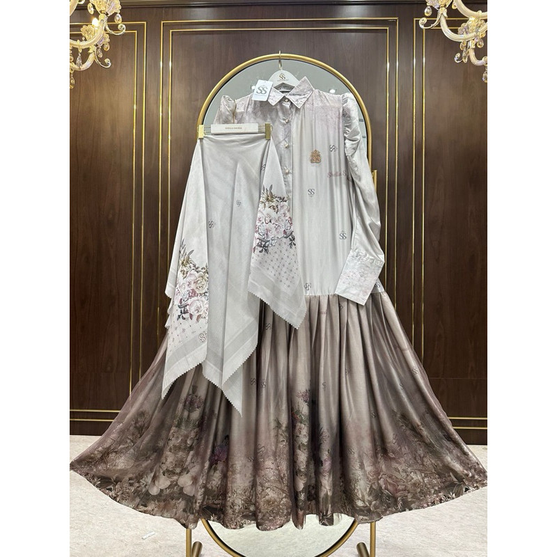 baju gamis motif terbaru bahan Shellasaukia gamis set hijab Prisket Tile terbaru bahan mium