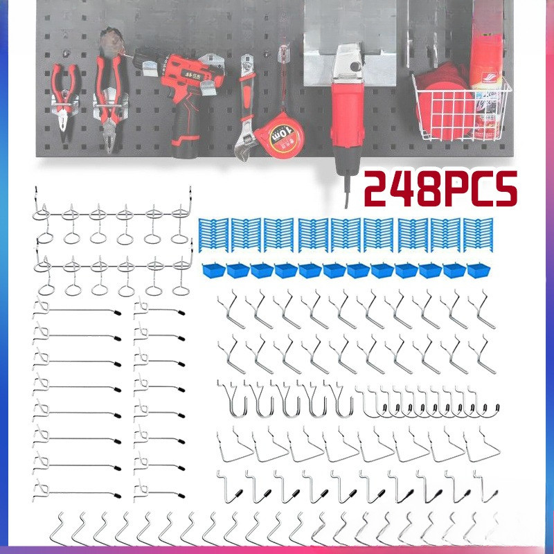 Set Gantungan Pegboard Besi 248 Pc Pengait Lubang Papan Dinding Rak Display Bengkel Gudang Organiser