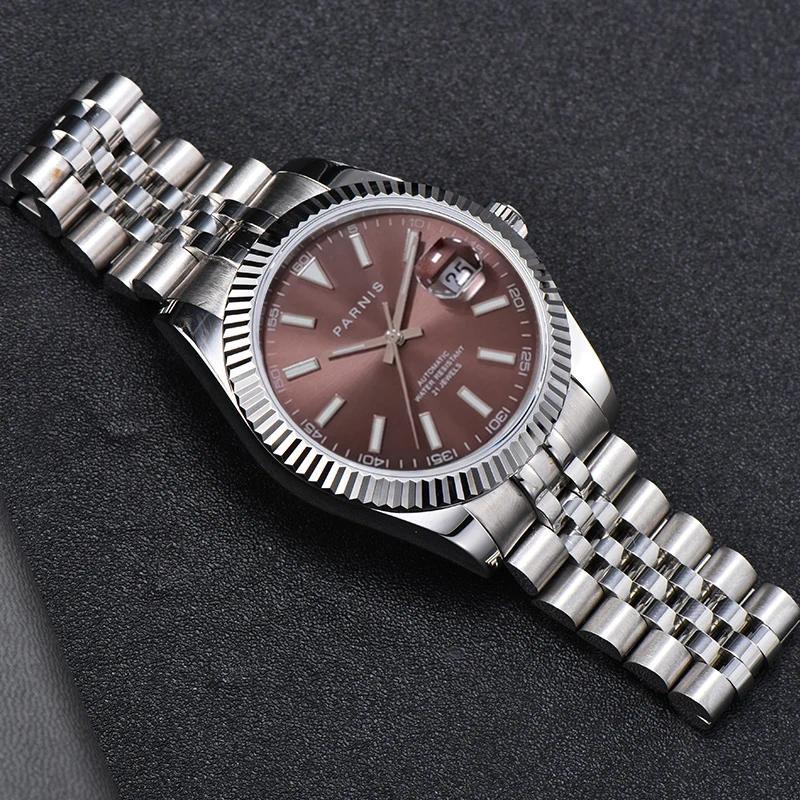 Jam Tangan Pria Fashion Parnis 39.5mm Brown Dial Automatic Men's Watches Calendar 21 Jewels Mechanic