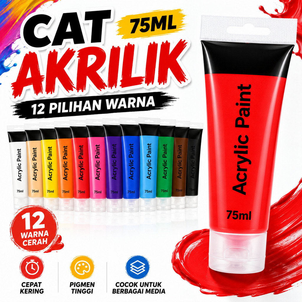 Cat Akrilik 75ML Warna Cerah Cepat Kering Pigmen Tinggi Untuk Lukis Kanvas Kayu Kertas DIY Craft