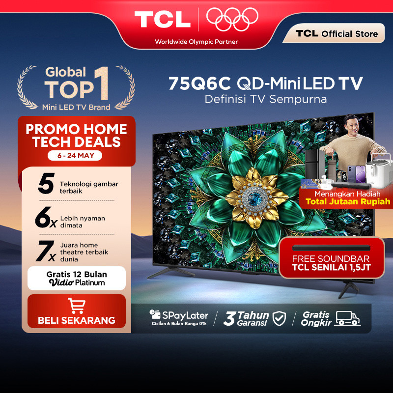 TCL 75 Inch QD-Mini LED TV Q6C - AiPQ Pro Processor - 6in1 Healthy Eye care - 144Hz - Smart Android 