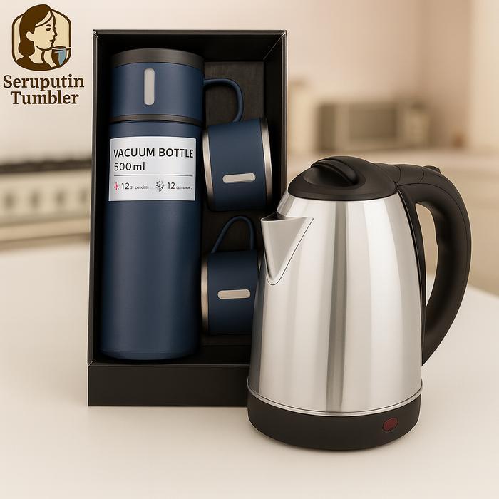 Teko Listrik + Termos 500 ML Sultan 3 Cangkir Paket Lengkap - Navy