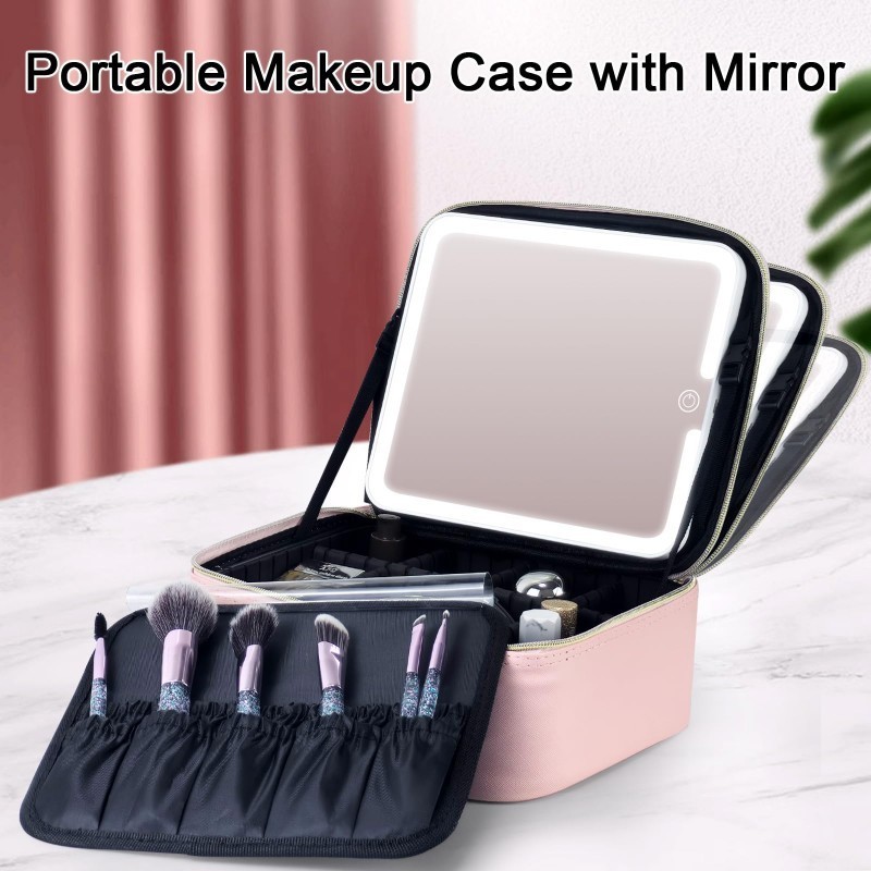 Box Make Up Dengan Lampu LED Beauty Case Portabel Kotak Kosmetik