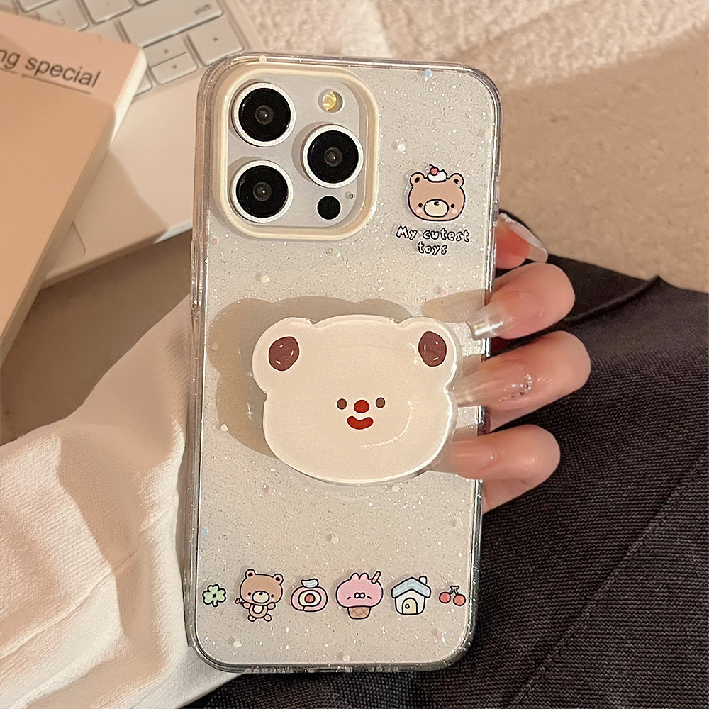 Case Glitter Boneka Beruang Motif Lucu with Pop Socket for iPhone 16 Pro Max Plus / 15 / 14 / 13 / 1