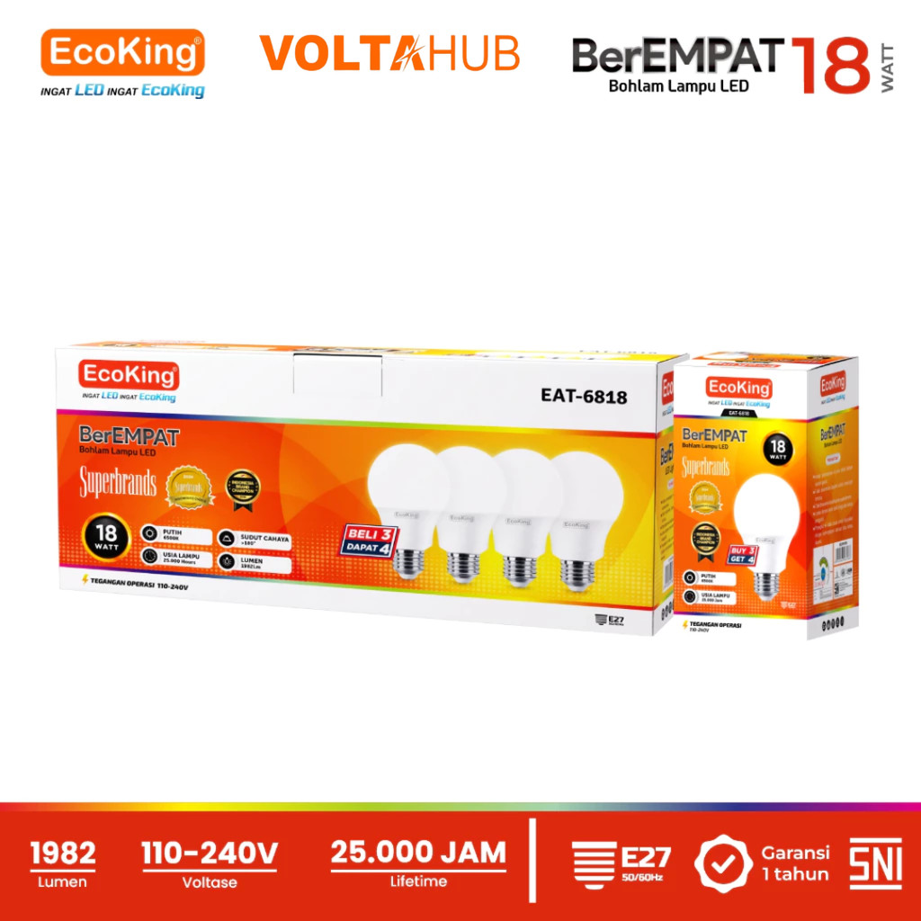 EcoKing BerEMPAT Lampu LED 18W Putih Beli 3 Dapat 4 Bohlam Rumah SNI