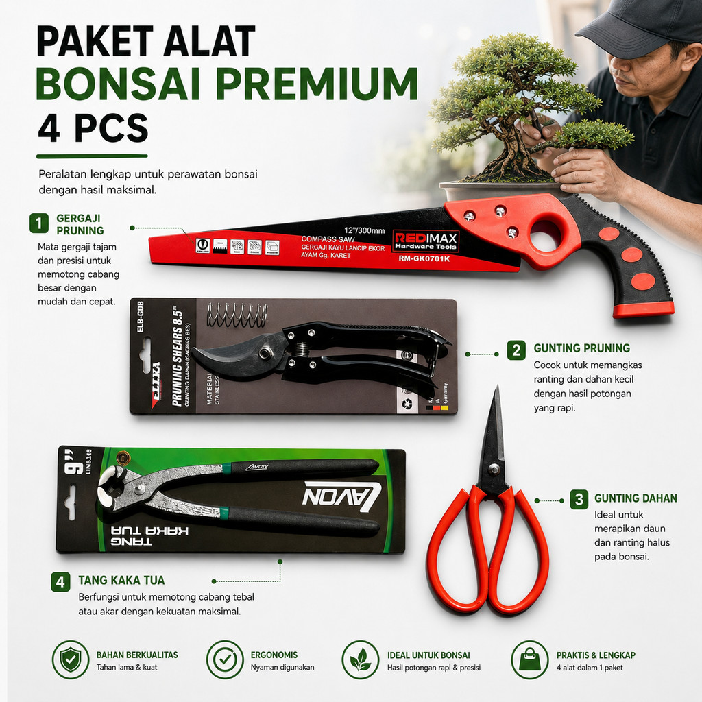 Paket Alat Bonsai Satu Set Tinggal Pakai Catok Modifikasi Tajam Gergaji Gunting Dahan Ranting Guntin