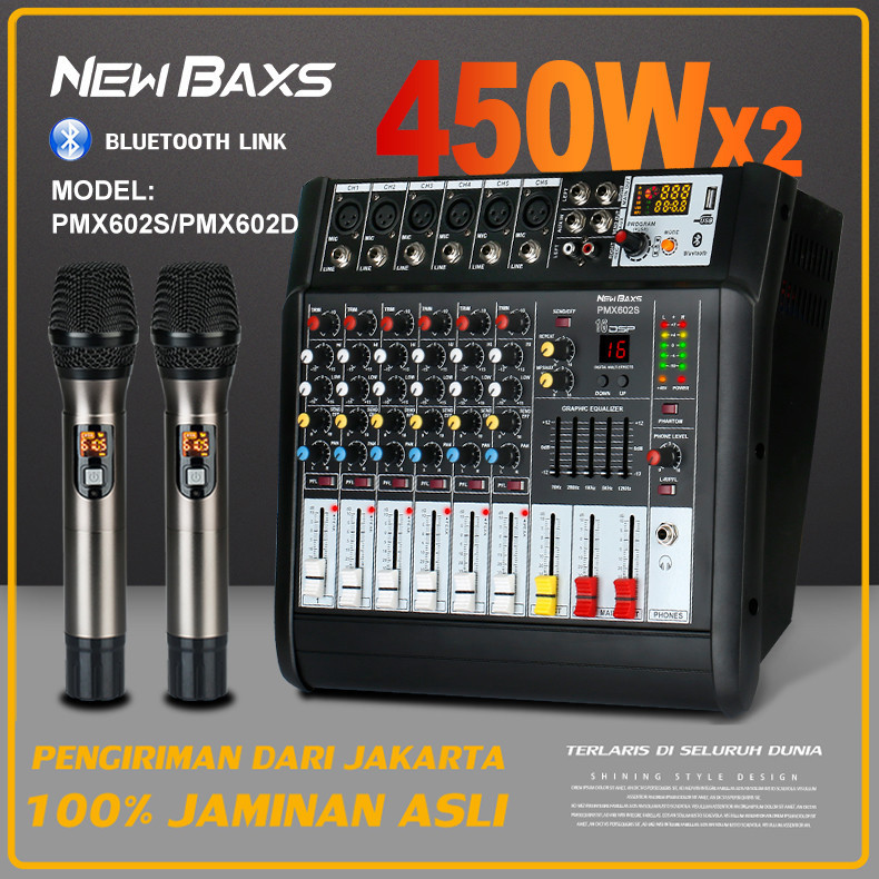 NEW BAXS PMX602D/PMX602S Pengaduk Audio Profesional 6 saluran mixer Penguat bawaan 450 watt 2 salura
