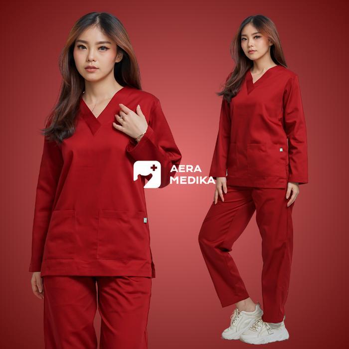 (BASIC#1) SCRUB Lengan Panjang / BAJU MEDIS / BAJU JAGA / Seragam OKA Wanita & Pria Unisex | Set Cel