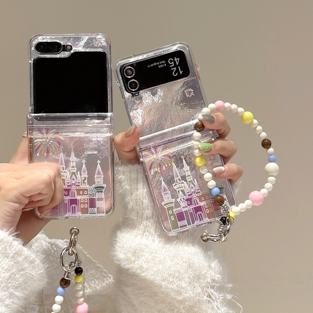 Flip6 Samsung Galaxy Z Flip5 3in1 Casing Fashion Laser Kembang Api Kastil dengan Rantai Casing Samsu