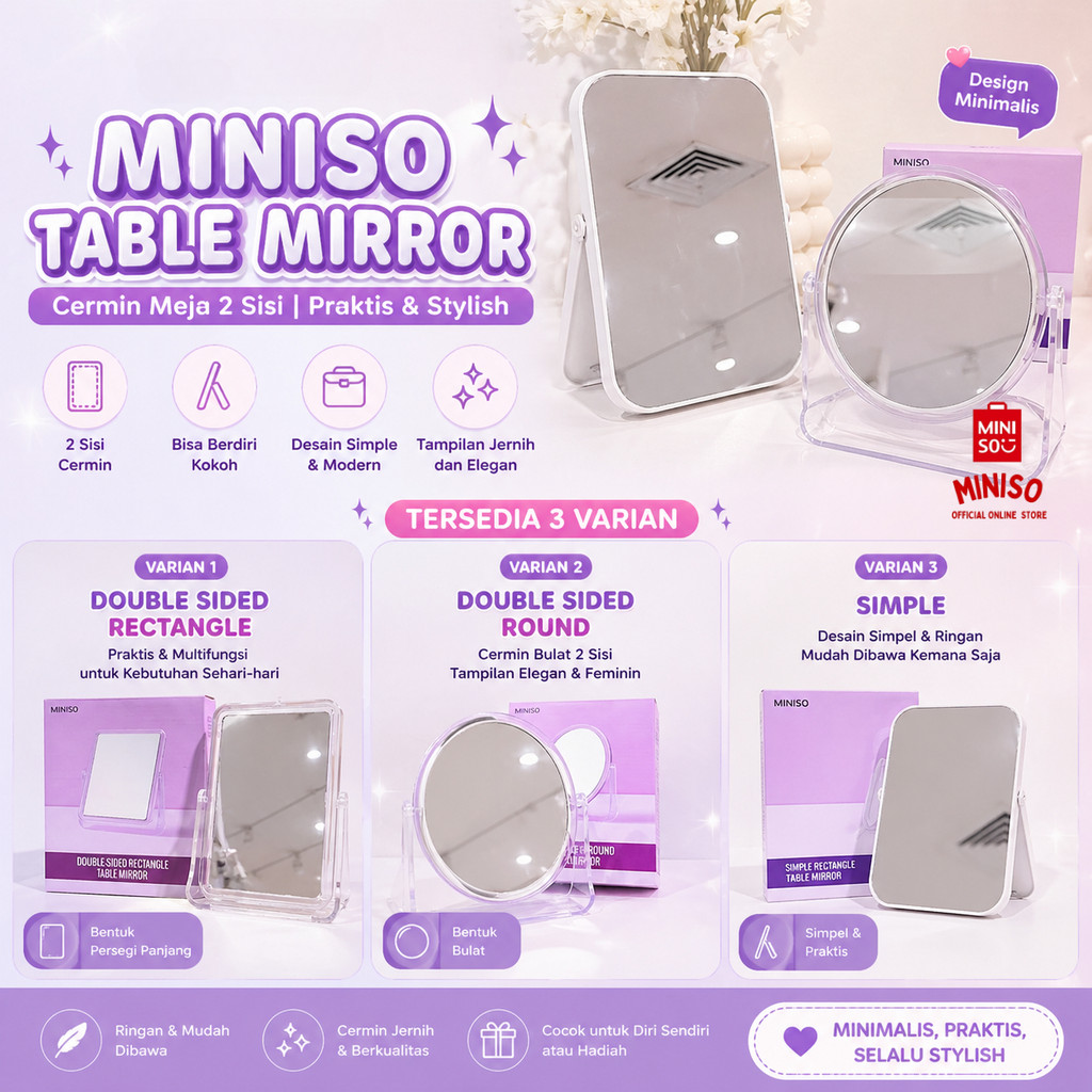 Official BALI MINISO Cermin Kotak Dua Sisi Cermin Bulat Round Fashion Mirror Square Table Mirror Kac