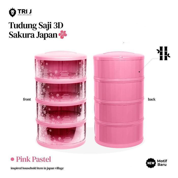 Rak Penyimpanan Makanan 4 Susun Tudung Saji Tingkat  dengan Tutup Food Storage Cover Plastik - Pink
