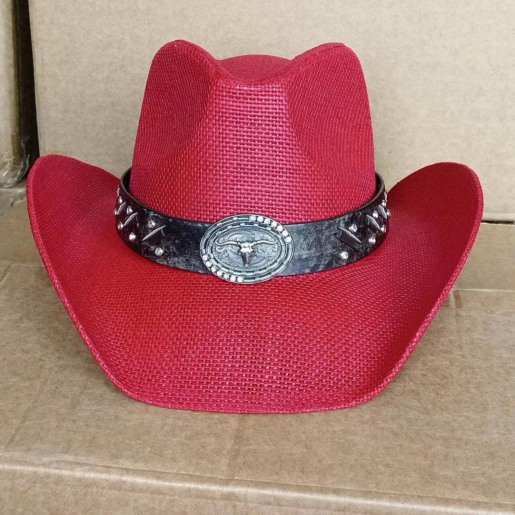 Red western cowboy hat featuring a brown hat band adorned with a studs and pendant Long-horned Ox He