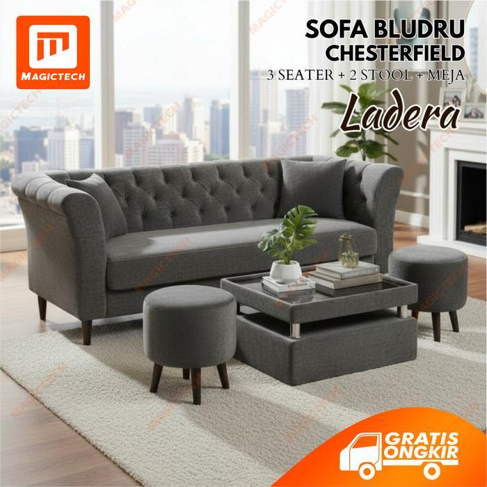 SOFA BLUDRU VELVET MINIMALIS LADERA CHESTERFIELD 3 SEATER + 2 STOOL + MEJA