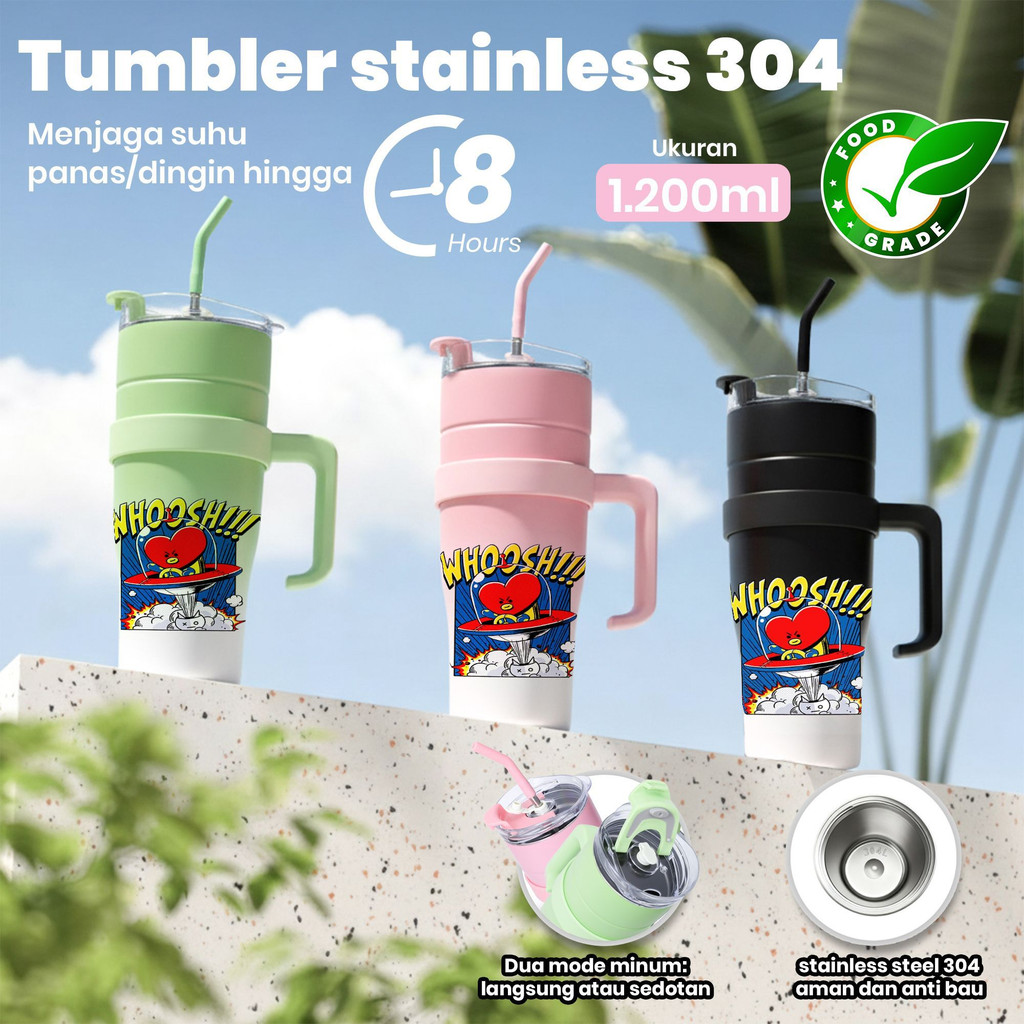 Tumbler Stainless Steel 304 Kapasitas 1200ml Design KPOP BT21 TATA Food Grade BPA Free Tahan Suhu Hi