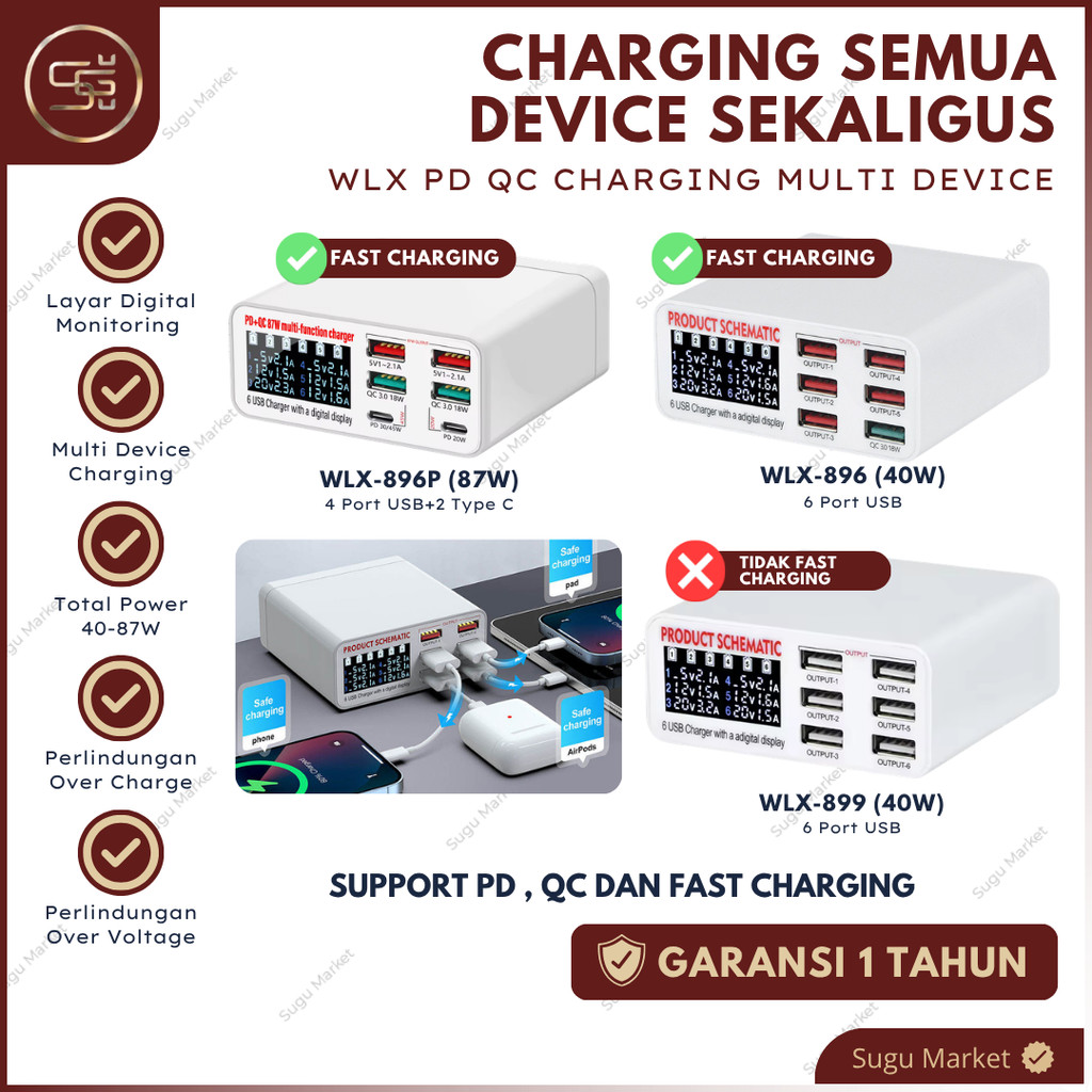 WLX-896 896P 899 6 Port USB Fast Charger with LCD Display + QC 3.0 40W Fast Charging untuk HP Tablet