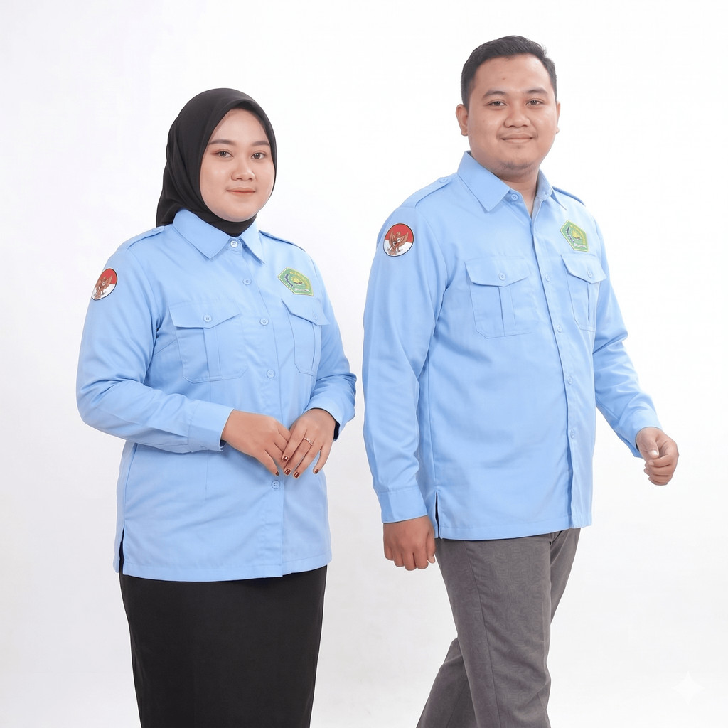 JUMBO Seragam Kemenag Biru Muda Dinas Wanita Premium Baju Lengan Panjang Agama Kemeja Asn Pria