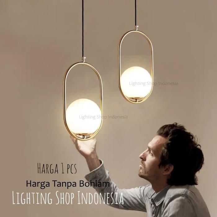 L472 Lampu gantung gold bola kaca susu modern minimalis bentuk oval - Body hitam, Kaca Teh