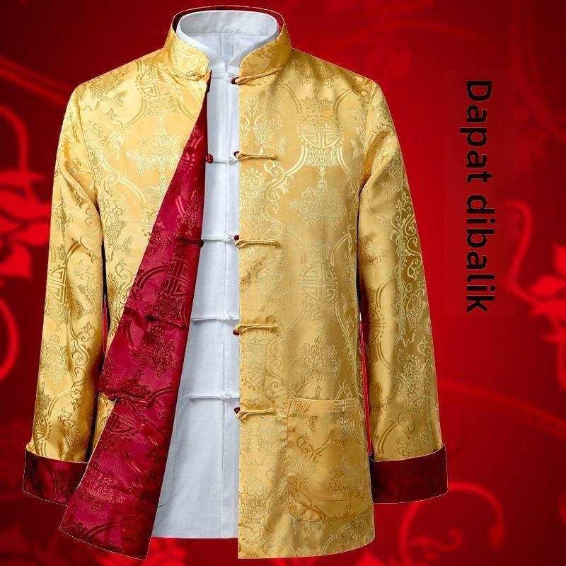 Jaket Tunik Pria Musim Semi/Musim Gugur Gaya Tang Two Sisi Bisa Dipakai, Longgar, Lengan Panjang unt