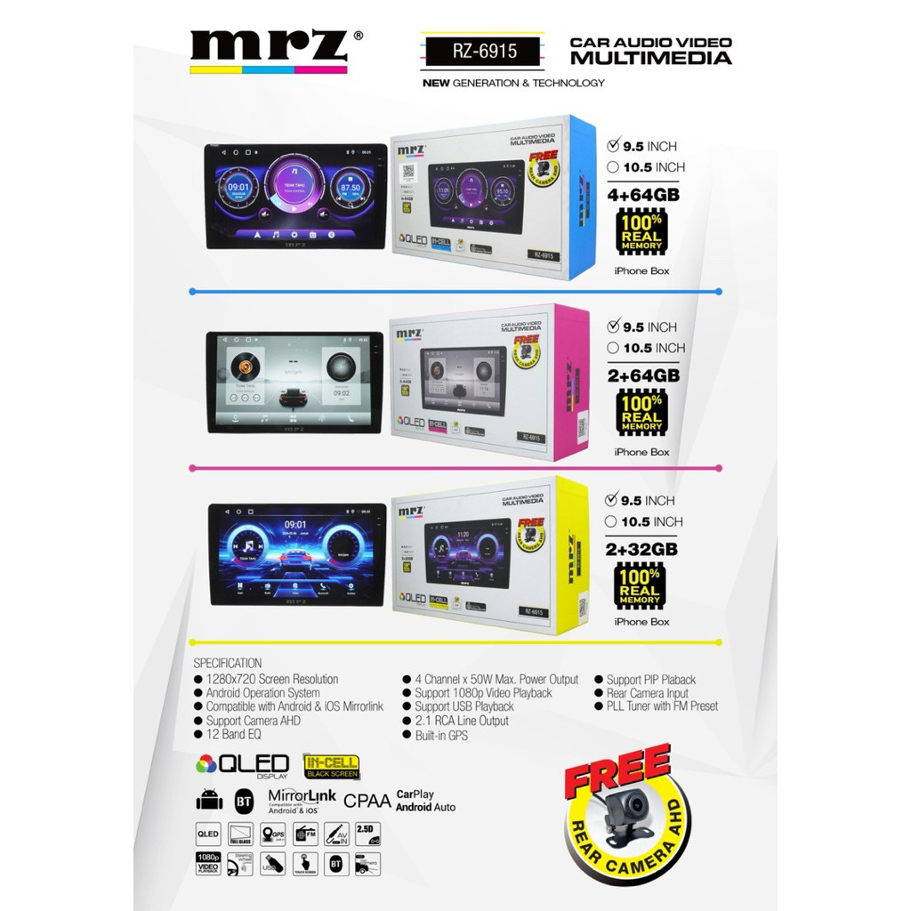 Head Unit Android MRZ RZ-6915 QLED 2/32 2/64 4/64 Support Camera AHD Gratis
