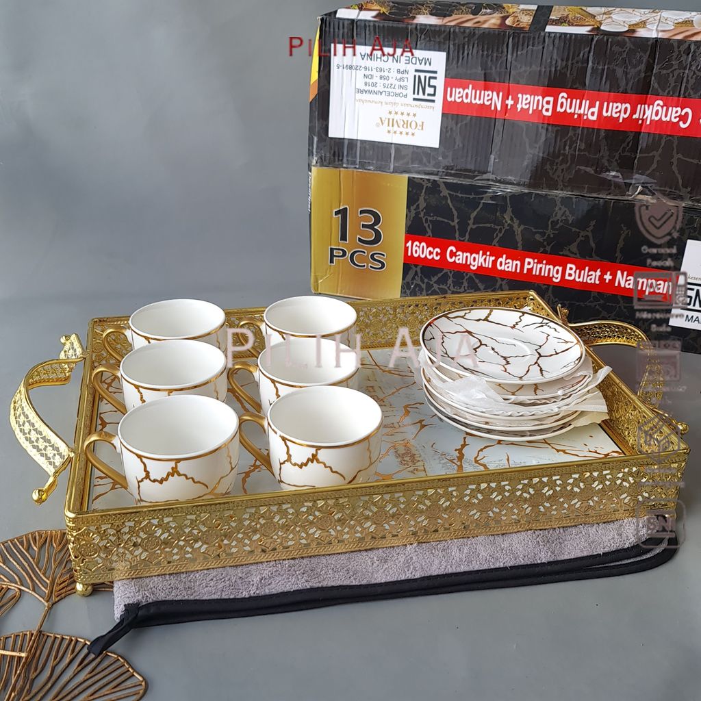 FORMIA Tea Set Cup & Saucer Emas 15" + Tray Cantik Aesthetic Bermotif Elegant
