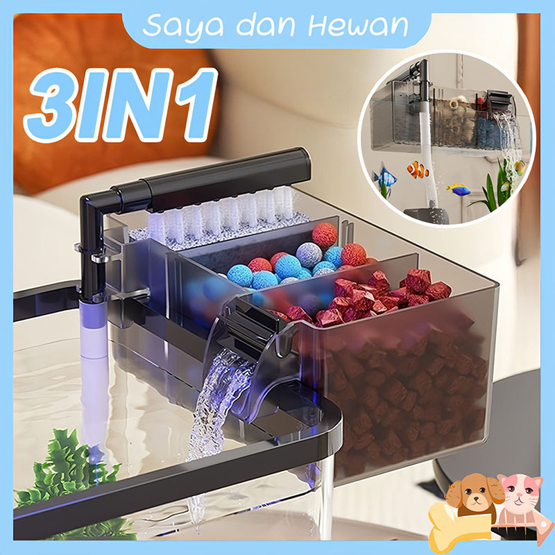 3 in 1 Filter Gantung Aquarium Akrilik Pompa Komplit Sirkulasi Air Bersih Penyaring Air Terjun Cocok