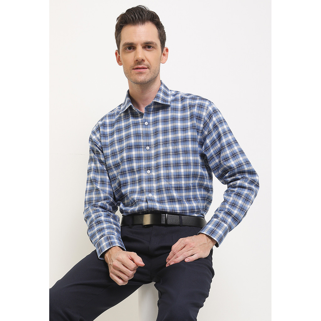 Kemeja Lengan Panjang Guy Laroche Check Reinof - Blue Cotton Casual