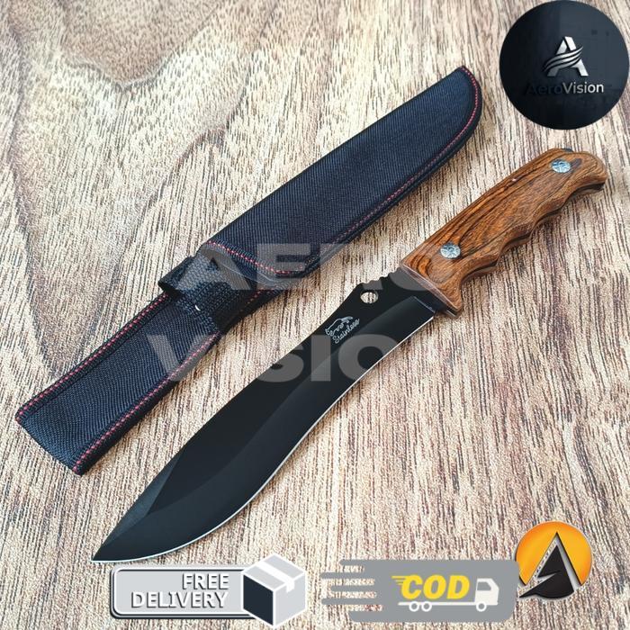 Pisau camping survival outdoor fulltang cap kucing P1258 - Handle Kayu polos
