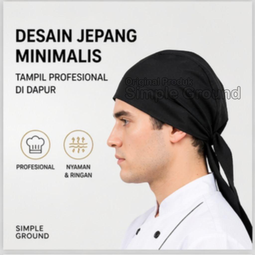 Simple Ground Topi Chef Jepang Tali Panjang Adjustable Drill Premium Unisex - Topi Koki Dapur Anti G
