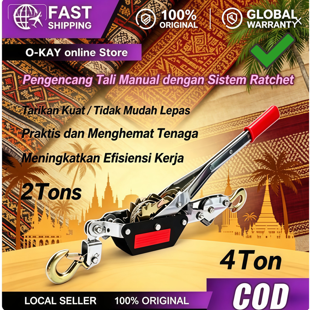 Hand Puller Rachet Tracker Hand Takel Kapasitas 2Ton 4Ton Katrol Sling Hand Winch Offroad Hoist Alat