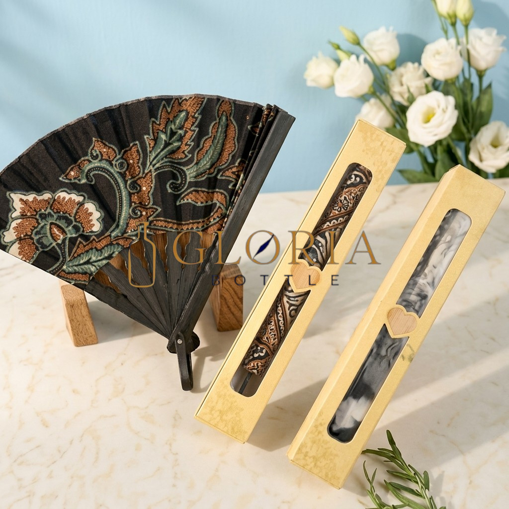 Souvenir Kipas Lipat Gagang Hitam Mewah – Souvenir Pernikahan Berkelas Kemasan Box