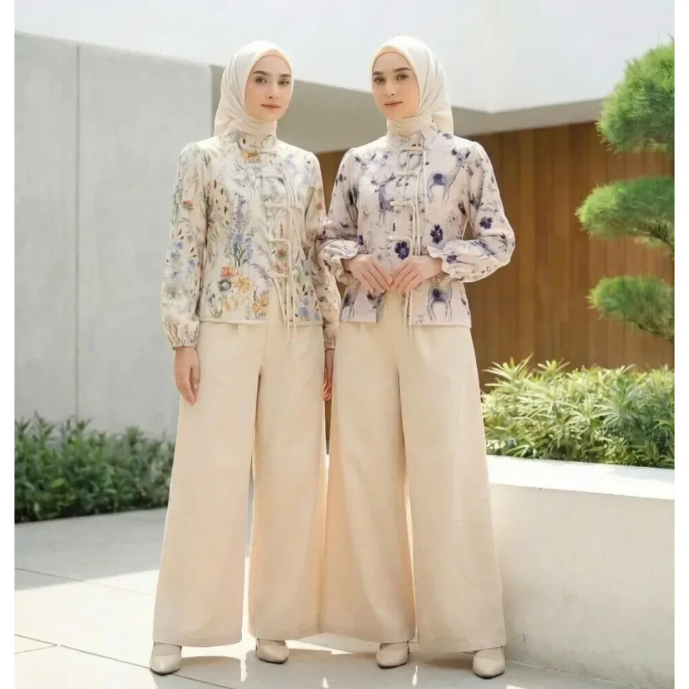 FADFAD Setelan Muslimah Motif Bunga|Setelan Blouse Lengan Panjang|Setelan Celana Kulot Polos|Setelan
