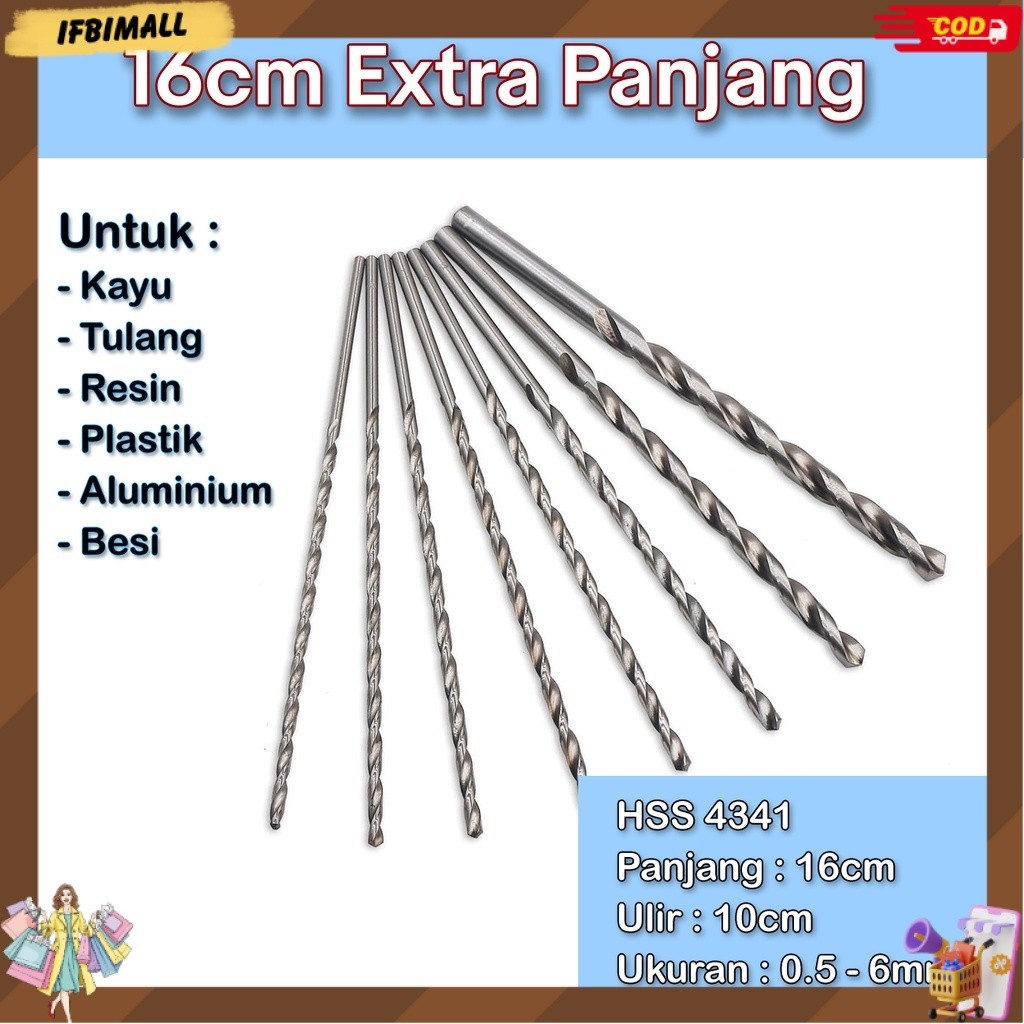 Mata bor HSS kayu besi 1mm 2mm 3mm 4mm 5mm 6mm 7mm 8mm panjang 12cm 16cm IBM