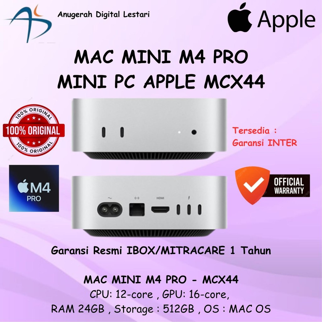 Mac Mini M4 PRO 2024 Mini PC Apple MCX44 - M4 PRO 12 CPU 16GPU 16NE 24GB 512GB MAC OS 1Y Inter