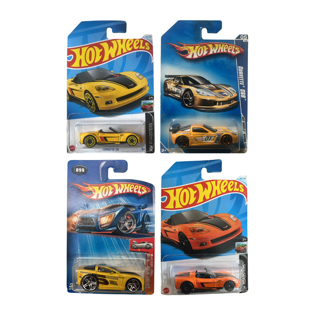 Hotwheels Regular Yellow Corvette C6, C6R Gold 01 THR Blue Card, Tooned Orange Card Not Mint Origina